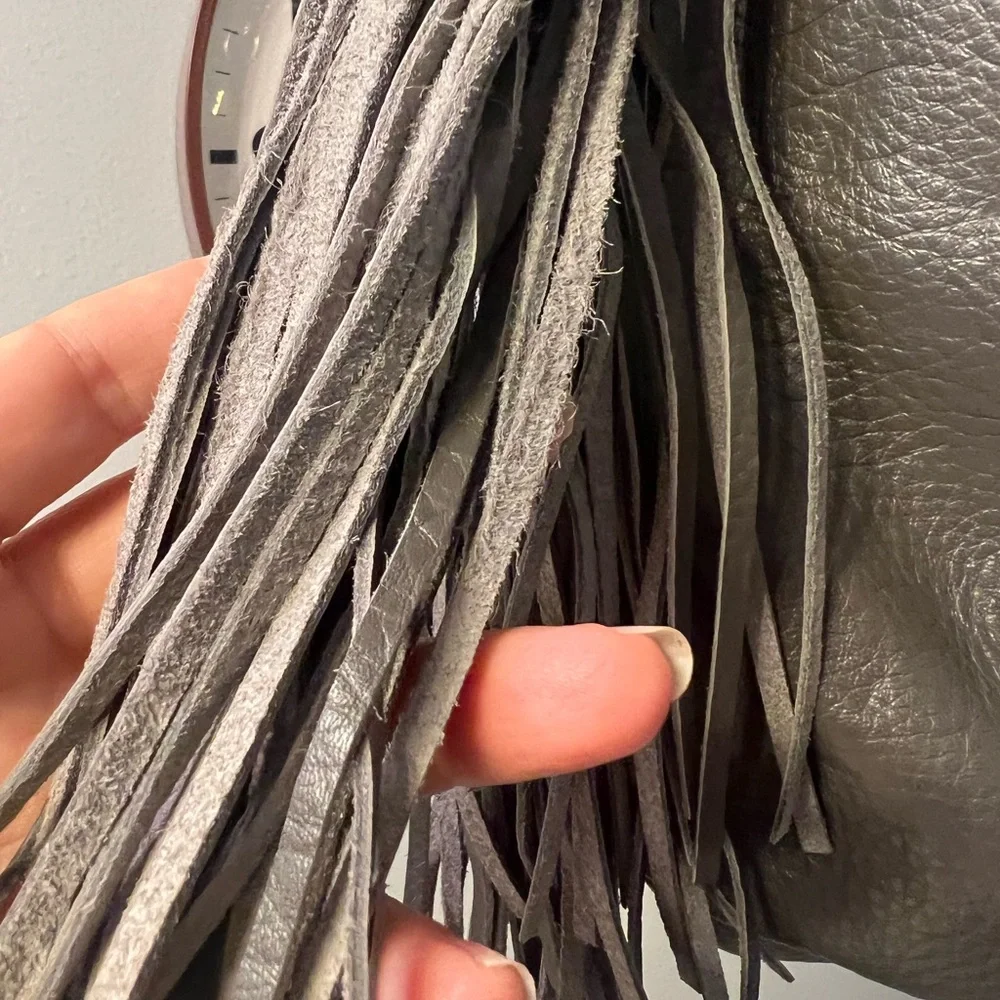GILI gray leather fringe hobo festival concert bag